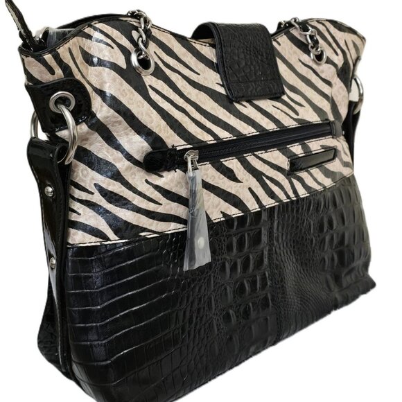 M.C. Marc Chantal Croco Embossed Genuine Leather Tote - Zebra - Picture 7 of 12